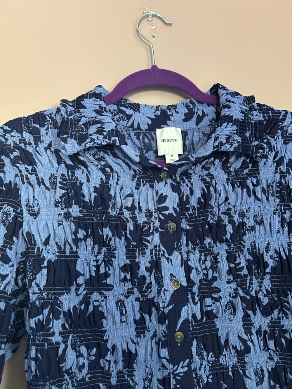 Anthropologie Maeve Smocked Ruffle Button-Front Top Blue Abstract Print  Size M - Picture 7 of 14